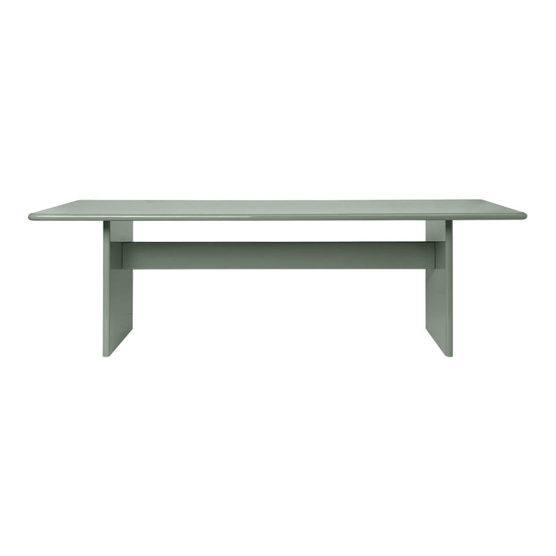 Stylish rectangular table in soft green with a smooth surface and minimalist design, perfect for modern spaces.