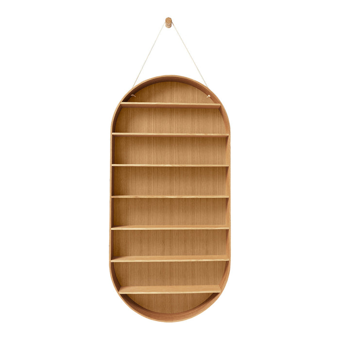 Natural wood-colored oval shelf with eight horizontal slats and a minimalist design, perfect for stylish storage.