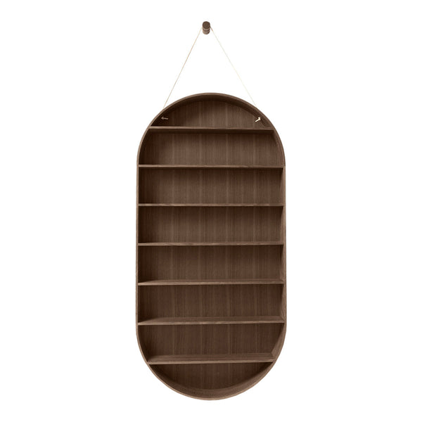 Brown wooden oval wall shelf with clean, horizontal lines and a simple rope hanger, emphasizing a minimalist design.