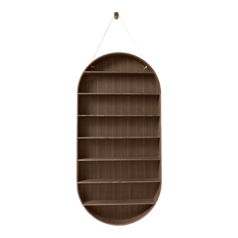 Brown wooden oval wall shelf with clean, horizontal lines and a simple rope hanger, emphasizing a minimalist design.