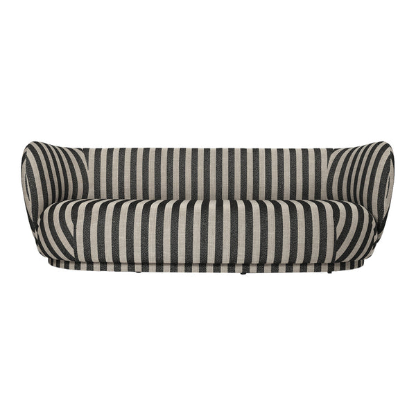 Black and cream striped sofa with a contemporary curved design, perfect for stylish living spaces.