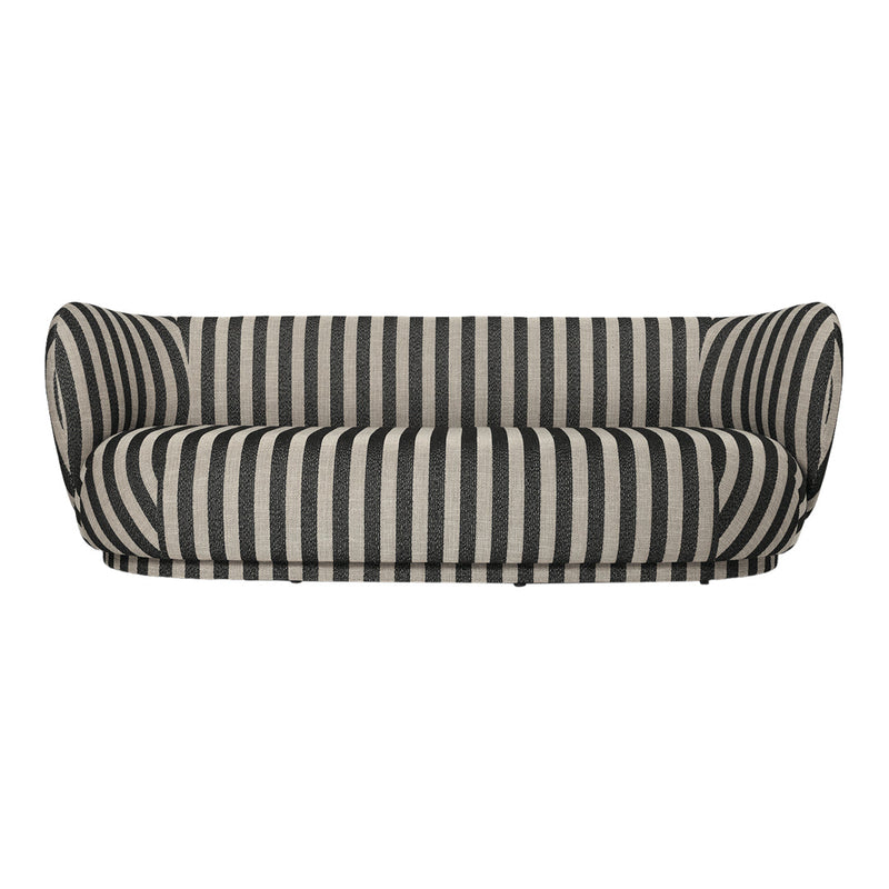 Black and cream striped sofa with a contemporary curved design, perfect for stylish living spaces.