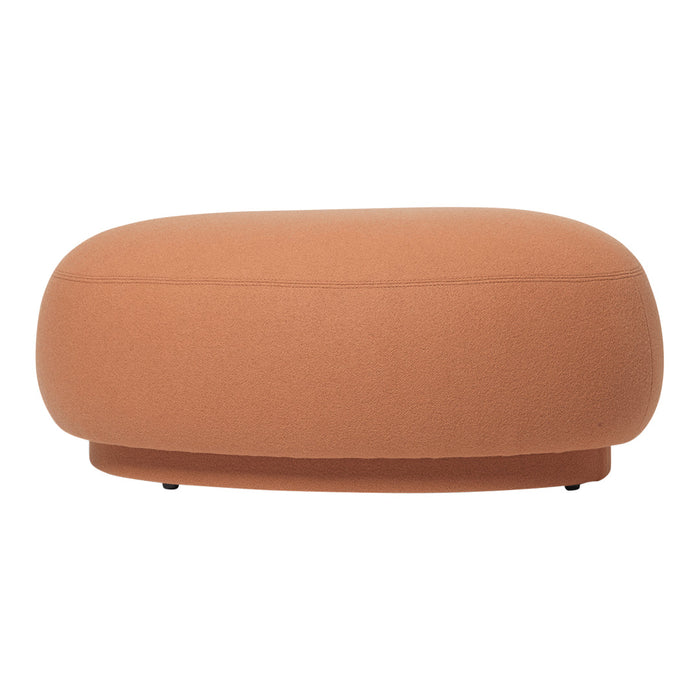 Soft orange round ottoman with minimalistic design and textured fabric, perfect for modern decor.
