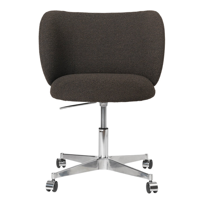 Dark brown upholstered office chair with a smooth, curved design and metal base on rolling wheels.