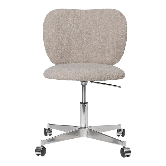 Beige fabric office chair with a smooth, curved backrest and a chrome base, featuring rolling wheels for mobility.