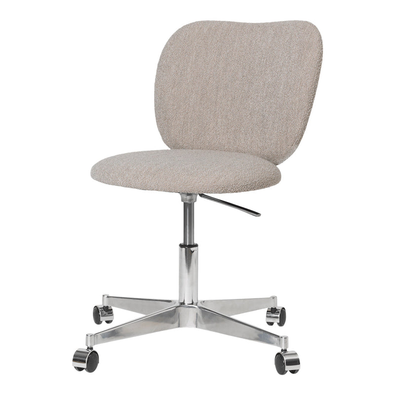 Light beige upholstered office chair with a smooth, curved design and a chrome base showcasing a modern aesthetic.
