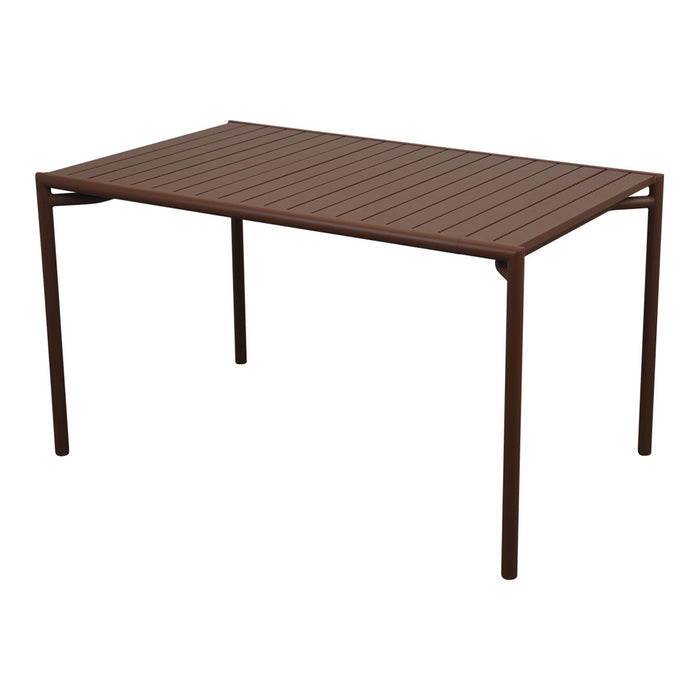 Brown outdoor table with a slatted surface and sleek metal legs, perfect for modern patio decor.