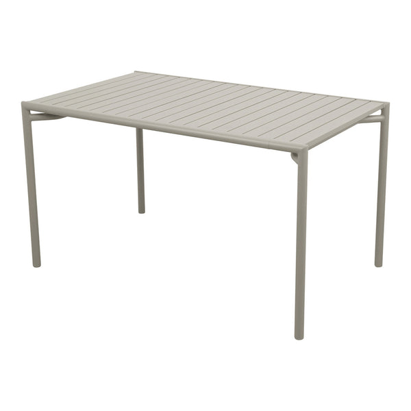 Light gray rectangular table with a slatted surface and sleek metal frame, perfect for modern outdoor settings.