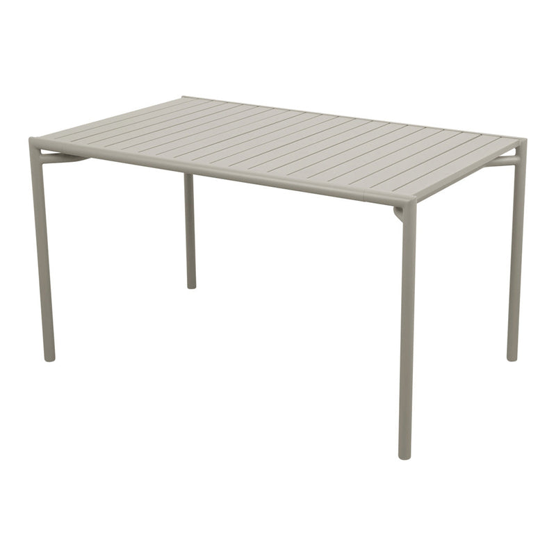 Light gray rectangular table with a slatted surface and sleek metal frame, perfect for modern outdoor settings.
