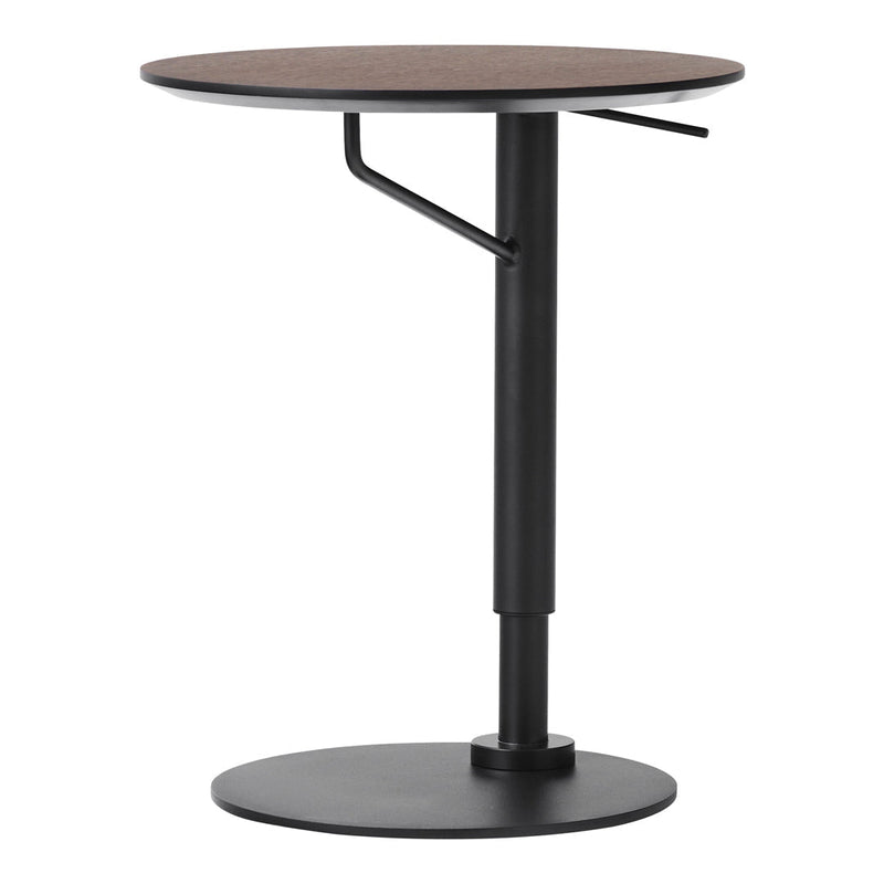 Adjustable black metal base with a round, wood-patterned tabletop in rich brown tones. Minimalist design for modern decor.