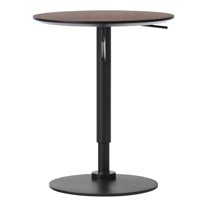 Brown patterned top with a sleek black metal base, stylish and modern adjustable table design.