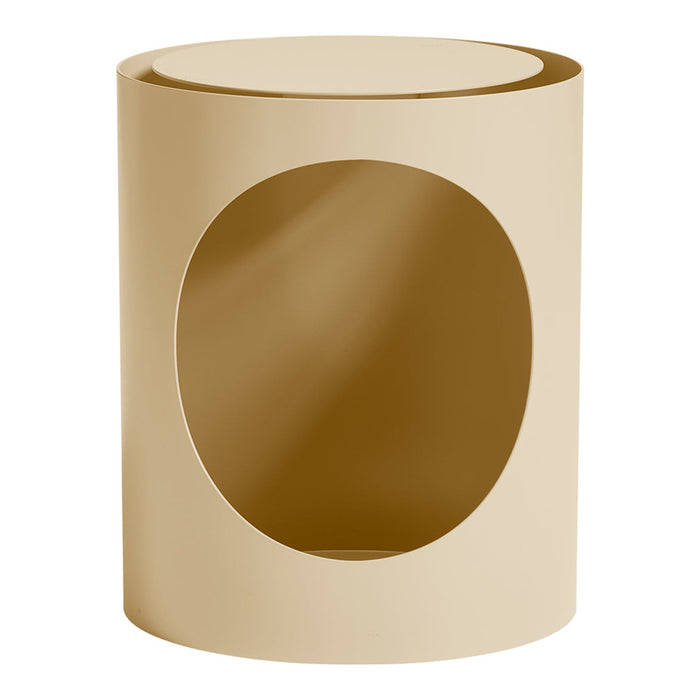 Beige cylindrical table with a circular cutout design, showcasing a smooth, minimalist surface.