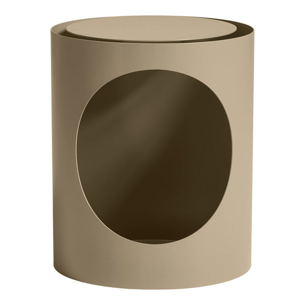 Beige cylindrical stool with a circular cutout, showcasing a smooth, minimalist design. Perfect for modern decor.