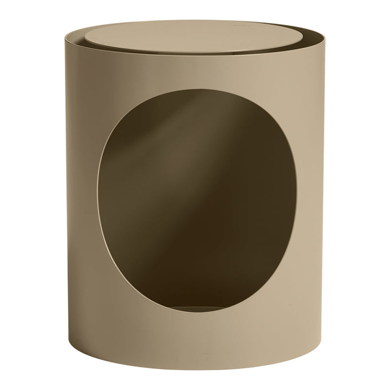 Beige cylindrical stool with a circular cutout, showcasing a smooth, minimalist design. Perfect for modern decor.