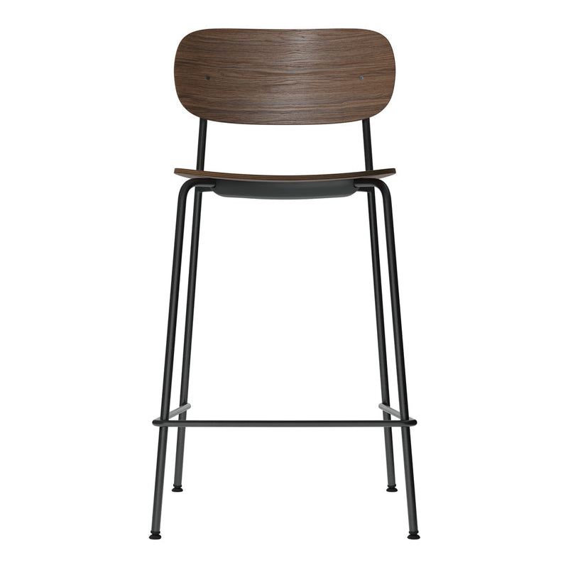 Wooden bar stool with a dark wood finish and sleek black metal legs. Simple, modern design and smooth, clean lines.