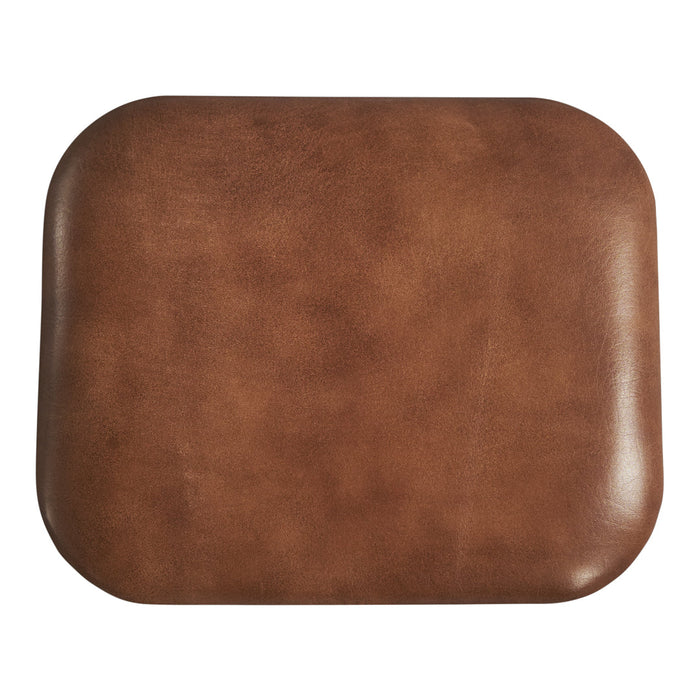Brown leather cushion with a smooth, matte finish and rounded edges, showcasing a rich, warm texture.