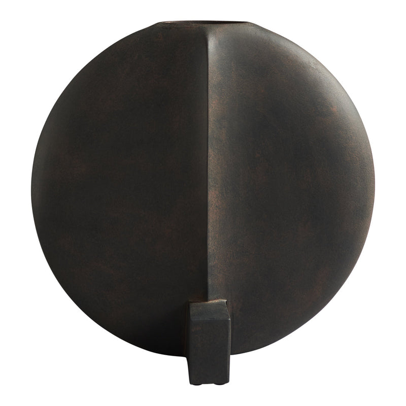 Round black vase with a matte finish featuring a sleek, split design and contrasting textures, perfect for modern decor.