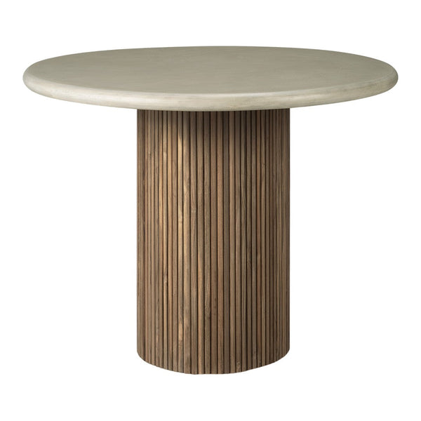 Round table with a smooth light gray top and a brown ribbed base for a modern, stylish accent.