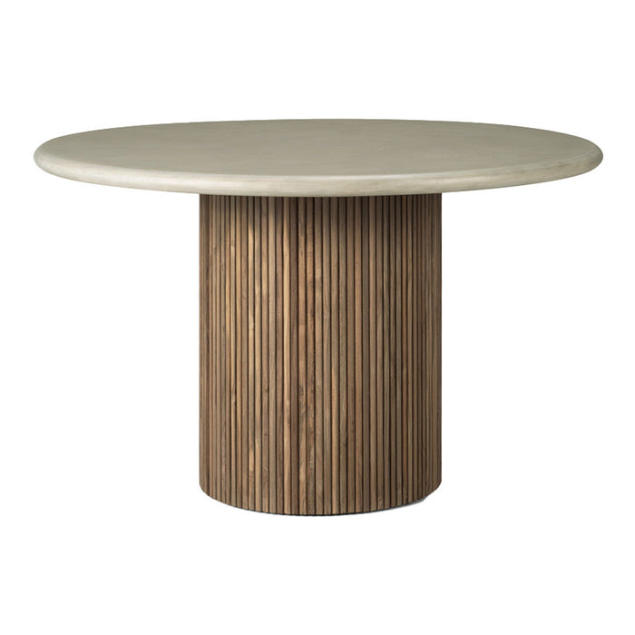 Round table with a smooth gray top and a textured brown ribbed pedestal base. Modern design with natural tones.