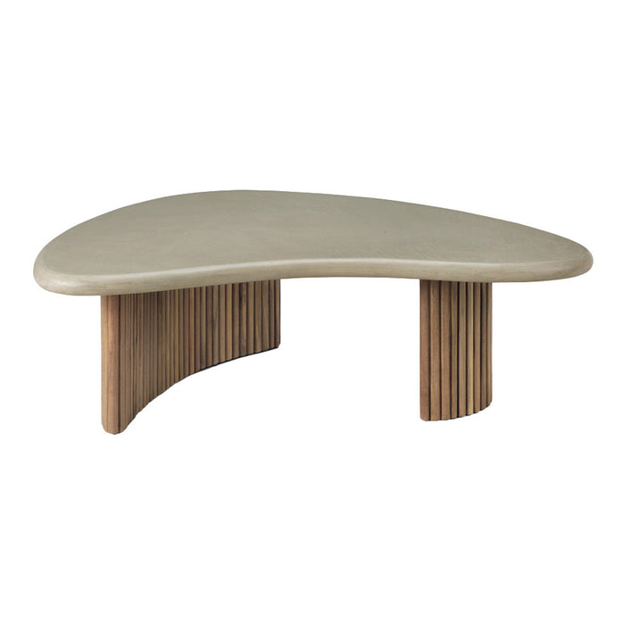 Sleek olive green tabletop with natural wood ribbed legs, featuring an organic curved shape for modern decor.