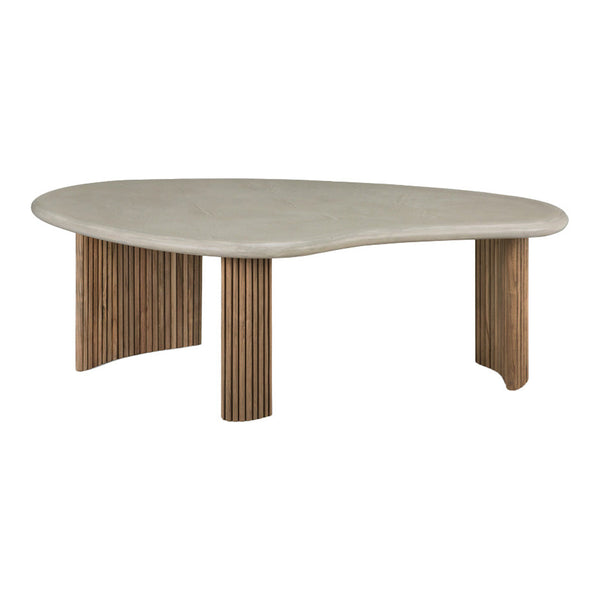Stylish gray tabletop with unique organic shape, contrasted by textured wooden legs in warm brown tones.