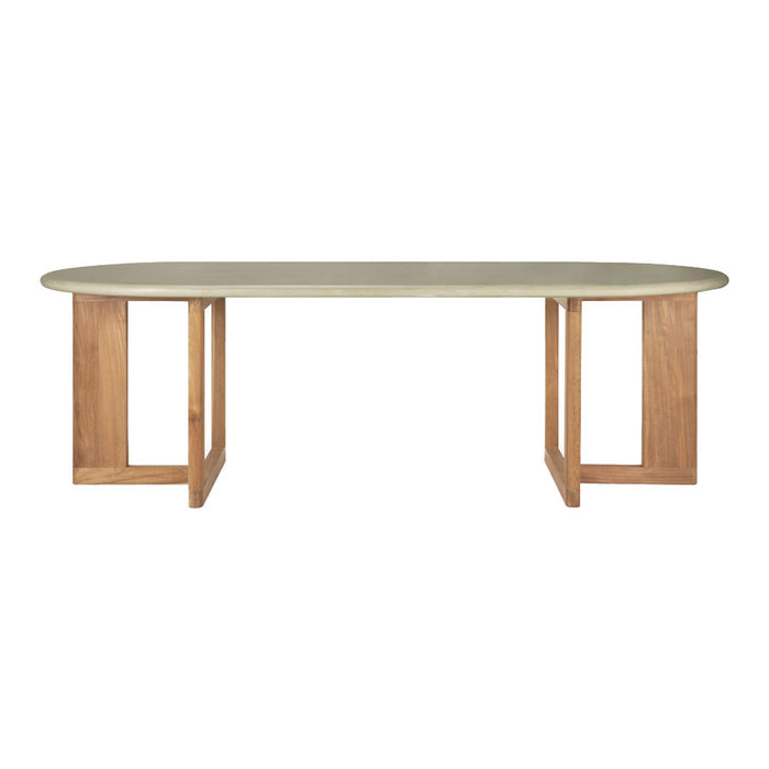 Light gray oval tabletop with natural wood legs, featuring a smooth, modern design. Ideal for contemporary dining spaces.
