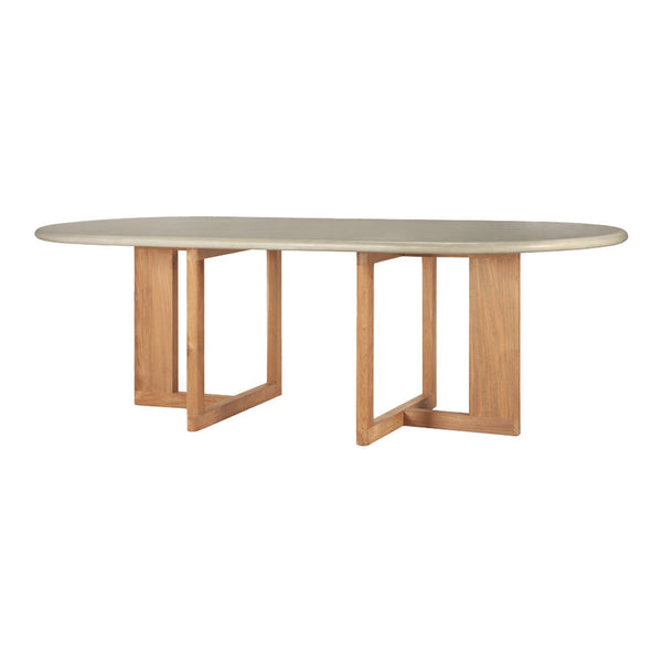 Oval dining table with a light gray top and natural wood legs, featuring a sleek, minimalist design.