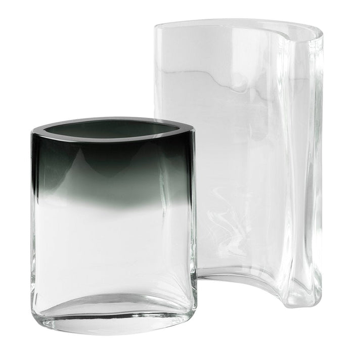 "Set of two glass vases: one clear, one with a deep green ombre effect at the top."
