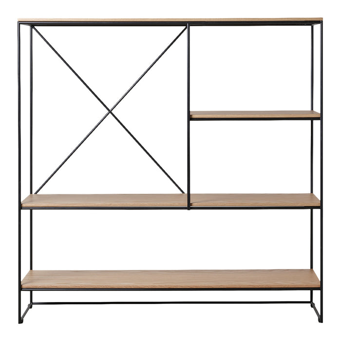 Modern black metal shelving unit with natural wood shelves and geometric pattern design. Simple and stylish storage solution.