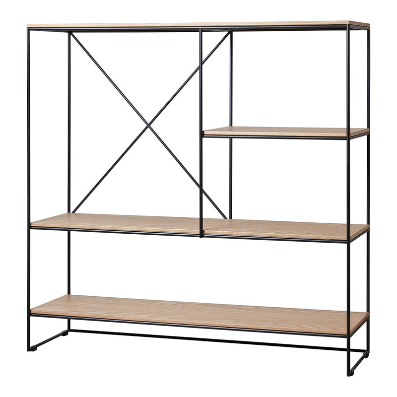 Black metal shelving unit with natural wood shelves and minimalist design. Features clean lines and cross-pattern accents.