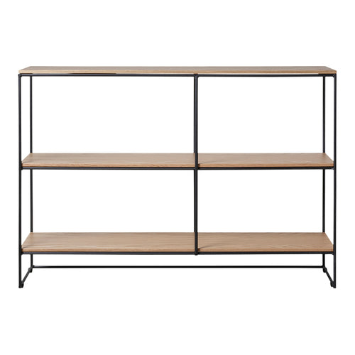 Wooden shelf with light natural wood finish and black metal frame, featuring clean lines and a modern design.