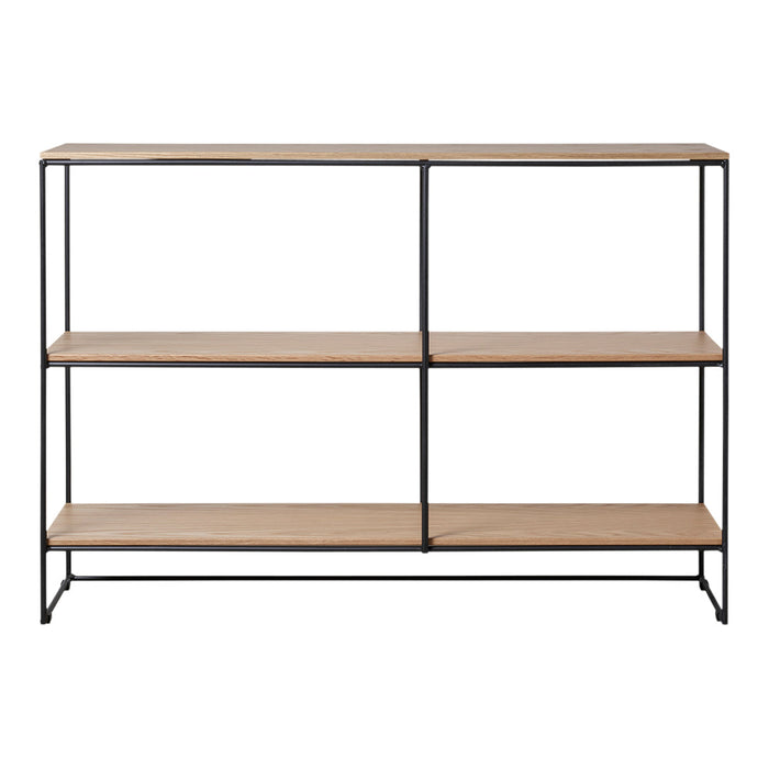 Wooden shelf with light natural wood finish and black metal frame, featuring clean lines and a modern design.