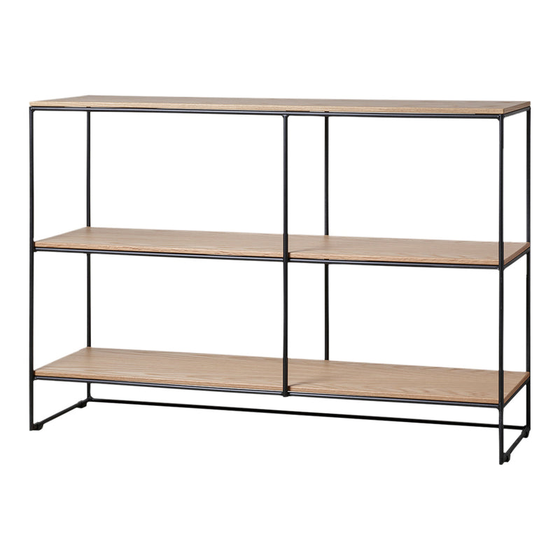 Modern black metal frame with light wood shelves, featuring a minimalist design and natural grain pattern.