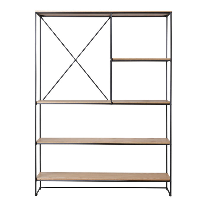 Industrial-style bookshelf with a black metal frame and natural wood shelves, featuring a geometric open design.