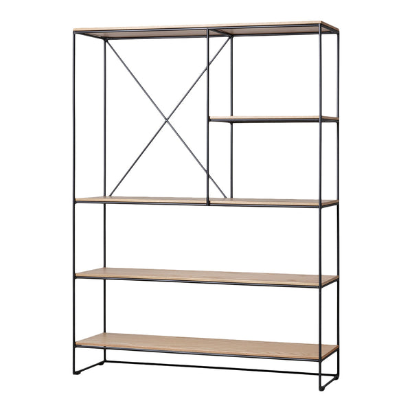 Black metal frame with natural wood shelves, featuring a minimalist design and geometric pattern. Perfect for modern decor.