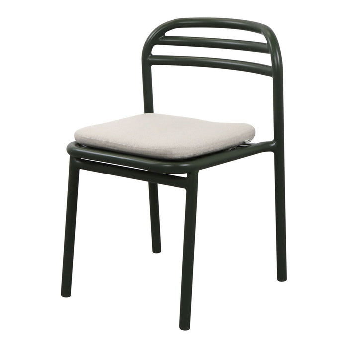 Black metal chair with a cream cushion and minimalist striped backrest design. Ideal for modern decor.