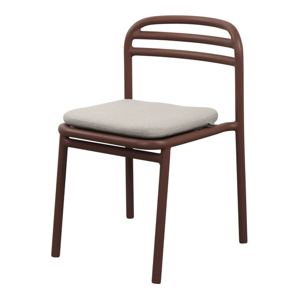 Brown metal chair with a minimalist design and a light gray cushioned seat, featuring sleek curved lines.