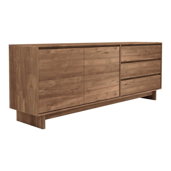Natural wood sideboard in warm brown tones with a smooth, modern finish and sleek lines.