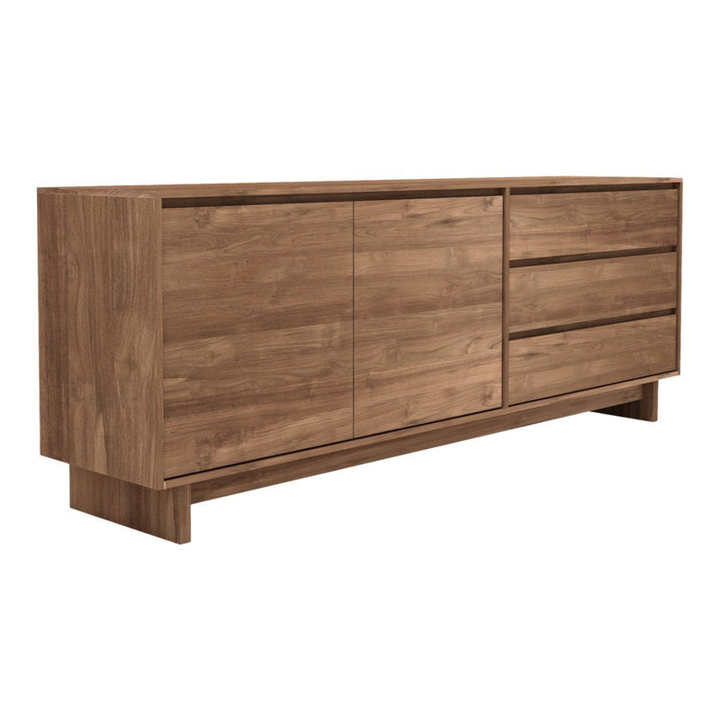 Natural wood sideboard in warm brown tones with a smooth, modern finish and sleek lines.