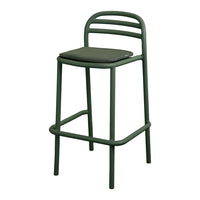 Green metal bar stool with a minimalist design and black cushioned seat. Perfect for modern decor.