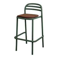 Green metal bar stool with a brown cushioned seat and minimalistic design. Perfect for modern decor.
