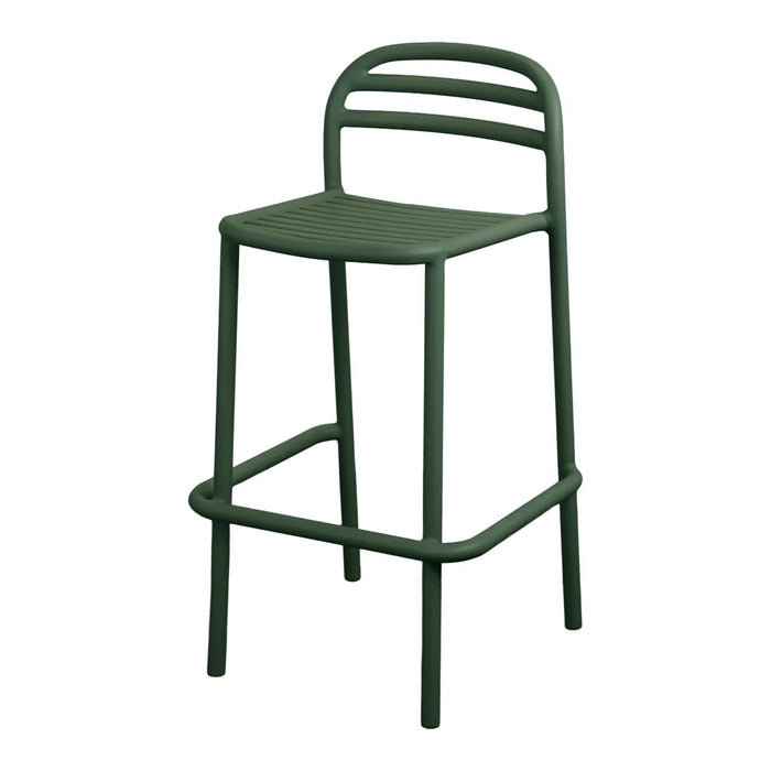 Green bar stool with a sleek design and horizontal slat backrest. Perfect for modern decor.