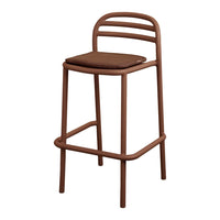 Stylish brown bar stool with a minimalist design and curved backrest, featuring a dark cushioned seat.
