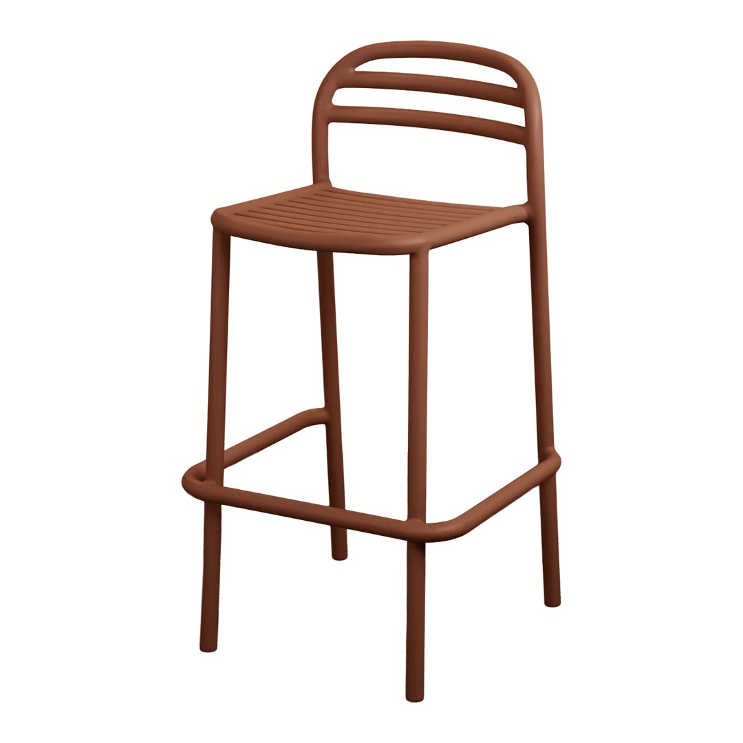 Brown metal bar stool with a sleek, minimalist design and horizontal slat backrest. Perfect for modern spaces.