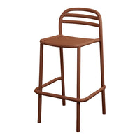 Brown metal bar stool with a sleek, minimalist design and horizontal slat backrest. Perfect for modern spaces.