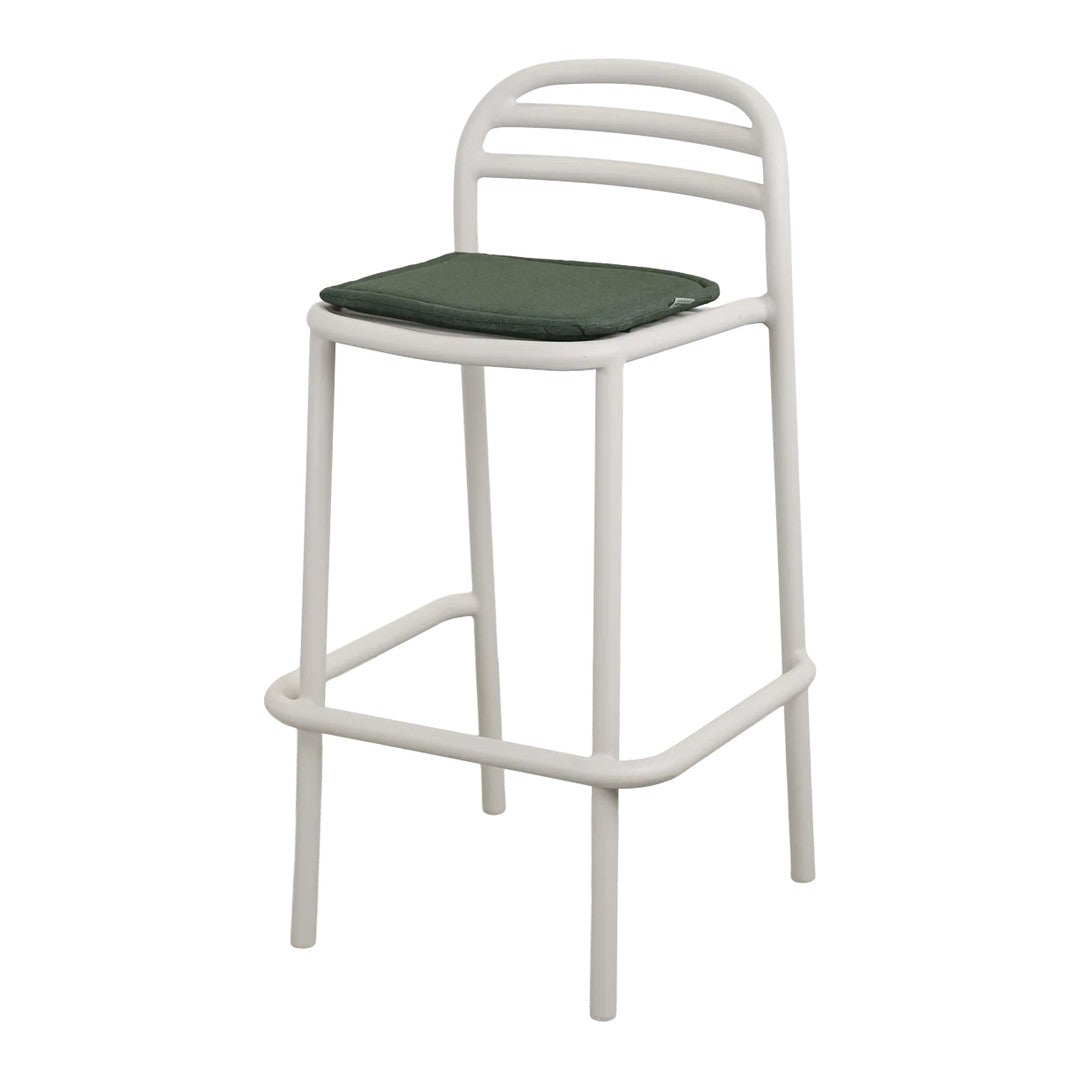 White bar stool with a sleek design and a dark green padded seat. Modern and minimalist style for any decor.