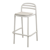 Light gray bar stool with a minimalist design and a simple striped backrest. Soft cushion for added comfort.
