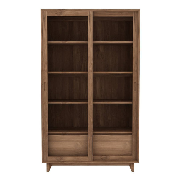 Wooden bookshelf with a natural light brown finish, featuring a smooth, minimalist design and sleek lines.