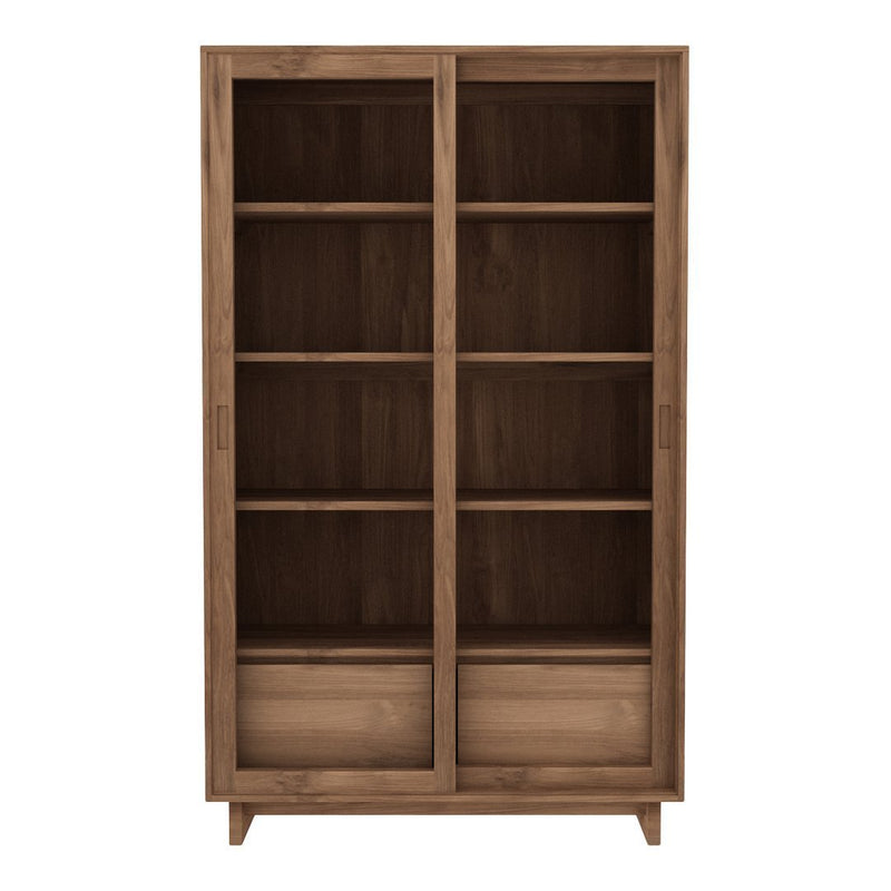 Wooden bookshelf with a natural light brown finish, featuring a smooth, minimalist design and sleek lines.