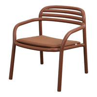 Brown modern chair with slatted back and cushioned seat in a matching shade. Ideal for contemporary decor.